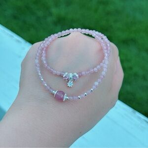 GB24 ✨ Handmade Rose Quartz Bracelet 🦋 Double Layer Adjustable Stacking